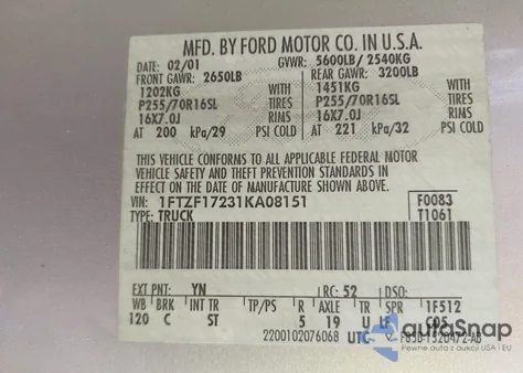 2001 Ford F-150 Xl/Xlt z USA, uszkodzony, nr VIN 1FTZF17231KA08151